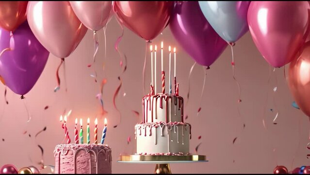 Happy Birthday or Happy Anniversary two cake with blowing candles and balloons rising in the air motion on pink background