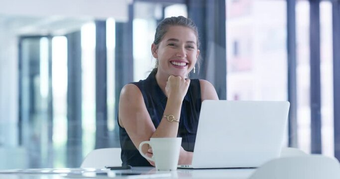 Business woman, laptop and coffee at office for morning by window in career ambition or success. Portrait of happy young female person, lawyer or employee smile by computer with mug at workplace