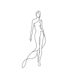 Fashion woman abstract silhouette, continuous line drawing, beautiful girl in long dress, single line on white background, isolated vector illustration. Tattoo, print and logo design, beauty salon.