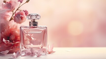 Obraz na płótnie Canvas Perfume banner. Mock up perfume bottle. flowers background with copy space