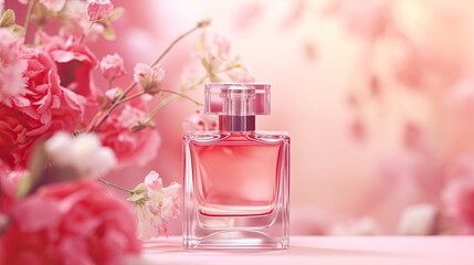 Perfume banner. Mock up perfume bottle. flowers background with copy space