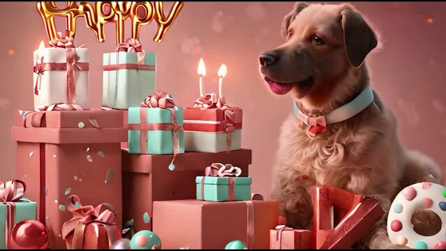 Dog's Happy birthday with cake and gifts with pink decoration blowing candles and balloons rising in the air motion in tink pink background