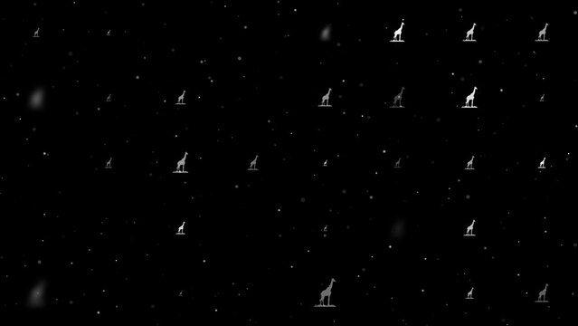 Template animation of evenly spaced giraffe symbols of different sizes and opacity. Animation of transparency and size. Seamless looped 4k animation on black background with stars