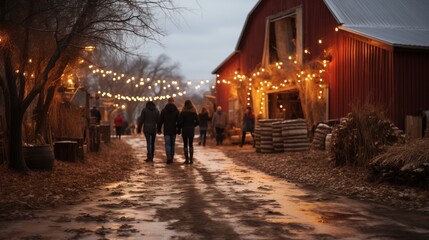 a twilight scene at a rural farm, where a group of people walk towards a warmly lit barn under a canopy of hanging lights amidst bare trees.