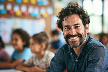Portrait of a smiling teacher in front of his class with enthusiastic young pupils learning