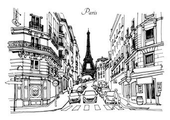 Street in Paris - sketch illustration. France, Eiffel tower - hand drawn vector picture. Fashion. Black and white. Tourism.