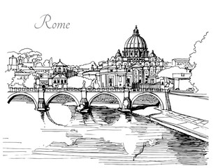 Plakat Vector black and white image of italy. View of the bridge and the castle of St. angels in Rome. Graphics sketch. Hand draw. For cards, t shirt, wallpaper