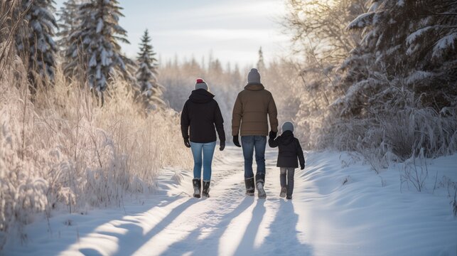 Three family members are seen from behind, walking on a snowy trail, enveloped by a frosty landscape and the soft light of a winter sun.