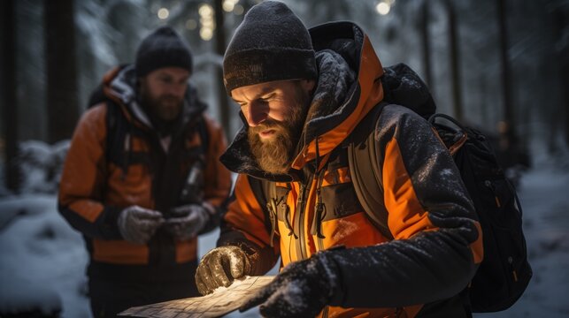 hushed silence of a snow-covered forest, two hikers consult a map by the light of their headlamps, a scene of teamwork and navigation in the wild