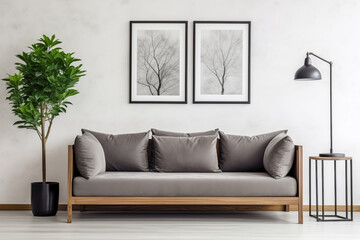 The modern interior of the living room in Japanese style. A grey sofa stands against the wall