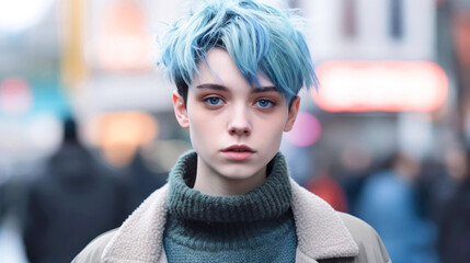Portrait of a young personality with blue hair in the city. The concept of transgender identity - obrazy, fototapety, plakaty