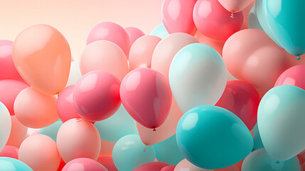 Colorful celebration balloons in coral, pink and aqua colors, colorful background, festive background