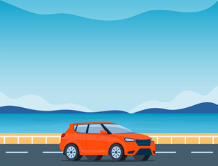 Fototapeta na wymiar Traveling by car. Car drive along road towards trip adventure. Summer vacation tourism background with sea, beach and mountains. Vector illustration.