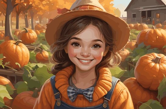 Close-up of a happy girl at the autumn festival at the pumpkin farm. Illustration. Generative AI