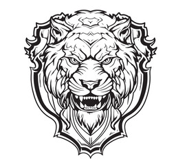 roaring tiger head in simple heraldic shield - black and white vector design for security concept coat of arms