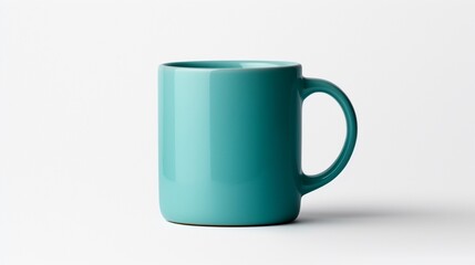 a teal mug, highlighting its unique color and comfortable grip, set against a pure white background for a visually pleasing contrast.