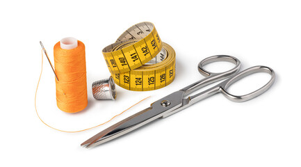 thread sewing, needle, centimeter, scissors
