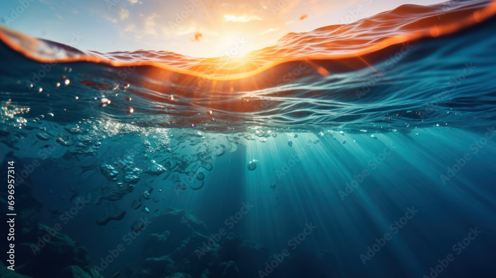 Poster underwater background with sun rays through water at sunset