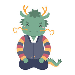 Cute dragon boy in traditional Korean clothes hanbok character illustration. Hand drawn cartoon vector illustration. Flat style design. Seollal holiday card, poster, banner element