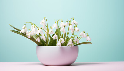 snowdrops in a white flowerpot, pastel green background