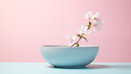 cherry blossom in a blue bowl, pastel background