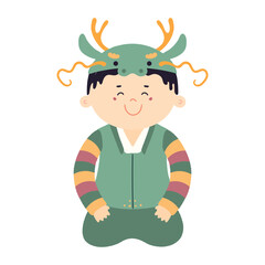 Cute boy in Korean clothes hanbok in dragon hat character illustration. Hand drawn cartoon vector illustration. Flat style design. Seollal holiday card, poster, banner element