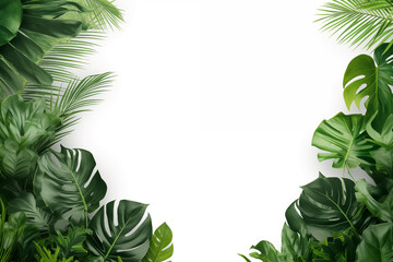 big green leaves of tropical plant monsterra with holes, palm branch, floral arrangement, collage, white background
