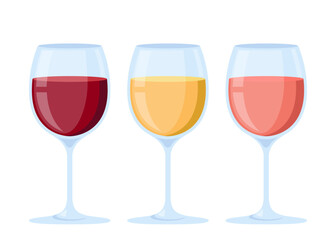 Wine glasses. Different wine types red, white, pink alcoholic drinks collection, restaurant glassware. Vector illustration.