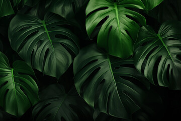 Fototapeta na wymiar plant monstera, dark botanical background from green big smooth leaves green tropical