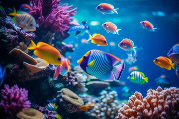 Naklejka na ściany i meble fishes close-up in tropical sea underwater multicolored on coral reef, aquarium oceanarium, wildlife, blurred background