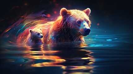 brown bear in water - obrazy, fototapety, plakaty