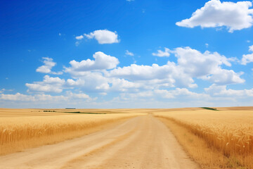 Fototapeta na wymiar dirt road is straight going to horizon between fields with yellow wheat ears, clear day and white clouds in blue sky, calmness