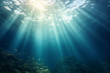 Fototapeta na wymiar underwater, flow rays of sunlight penetrating from surface in depth, waves above, nobody, stones