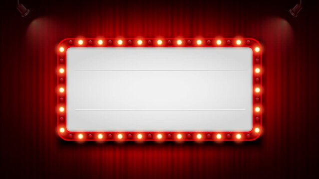Theater cinema sign on red curtains with spotlight. 4k animation. You can put text easily.