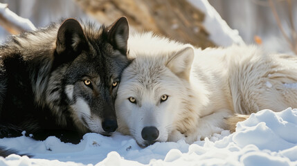 A black and a white wolf lying and cuddeling together in the snow © Flowal93