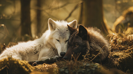 A black and a white wolf sleeping together in a forest