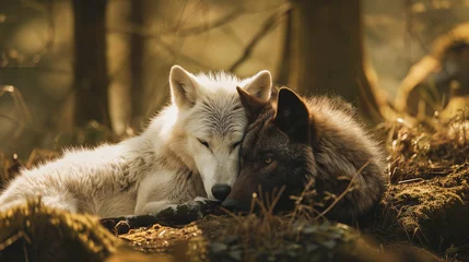 Foto op Plexiglas A black and a white wolf sleeping together in a forest © Flowal93