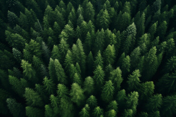 coniferous green forest, pines, top view, bird eye view