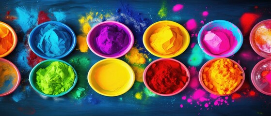 Holi festival of colors in India. Multi-colored powder in pots lined up on a dark background. Traditional Indian holiday. Banner Top view