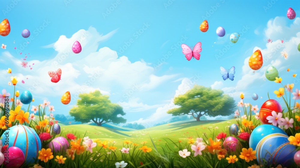 Canvas Prints  a painting of an easter scene with eggs in the grass and a butterfly flying over the top of the eggs.