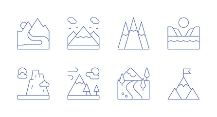 Mountain icons. Editable stroke. Containing river, mountain, mountains, valley, beach, goal.