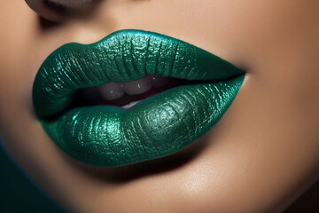women's lips in close-up painted with green lipstick - obrazy, fototapety, plakaty