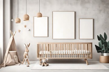 Rectangular frame poster mockup, on the light concrete wall in the living interior of a baby room, with modern boho furniture and with baby cot, Scandinavian style interior decoration