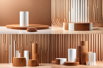 Realistic brown wood and white 3D cylinder pedestal podium with vertical wood pattern background. Abstract minimal scene for mockup products, stage showcase, promotion display. Vector geometric forms.
