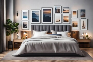 A stylish bedroom wall mockup, showcasing a collection of framed photographs and artwork above the bed, creating a personalized and visually appealing focal point.