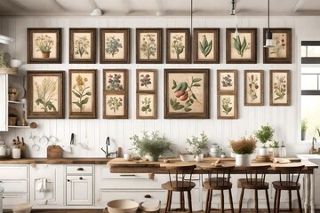 A rustic-themed wall mockup in a farmhouse kitchen, displaying a set of framed vintage botanical prints, adding charm and character to the country-style decor.
