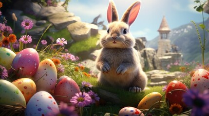  a rabbit is sitting in a field of flowers and eggs with a castle in the background in a scene from the film, the tale of the tale of peter rabbit. - obrazy, fototapety, plakaty
