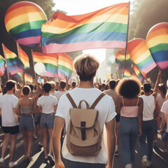people walking with rainbow flags at pride parade march in the street. Flag as symbol of LGBT community. ai generative