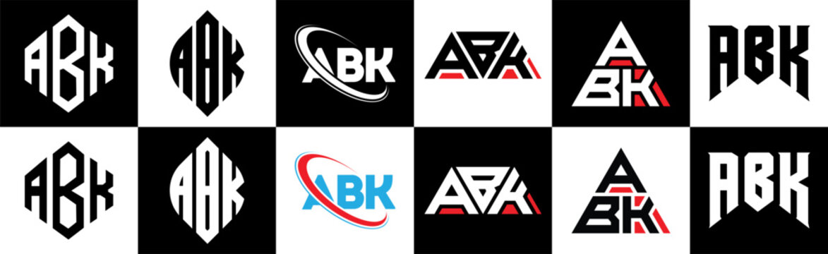 ABK letter logo design in six style. ABK polygon, circle, triangle, hexagon, flat and simple style with black and white color variation letter logo set in one artboard. ABK minimalist and classic logo