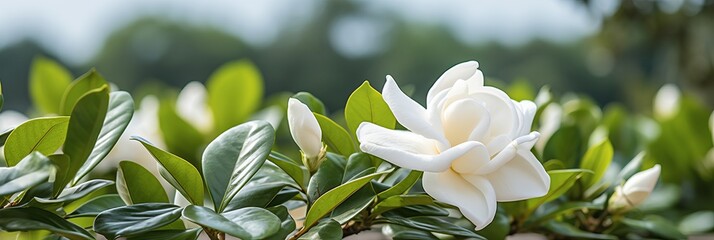 White gardenia flower on right side with magical bokeh background and text space on left